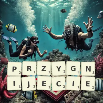 Kreatywna ilustracja do gry w Scrabble ze słowem PRZYGNIJECIE ułożonym z płytek na planszy.