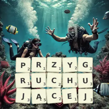 Kreatywna ilustracja do gry w Scrabble ze słowem PRZYGRUCHUJĄCEJ ułożonym z płytek na planszy.