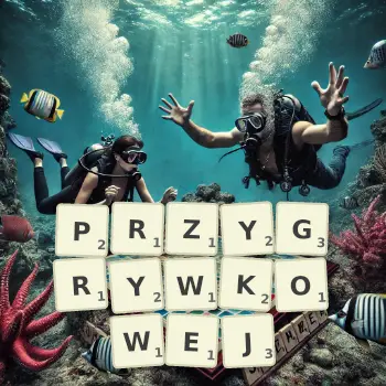 Kreatywna ilustracja do gry w Scrabble ze słowem PRZYGRYWKOWEJ ułożonym z płytek na planszy.