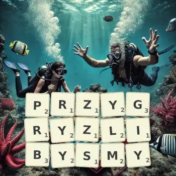 Kreatywna ilustracja do gry w Scrabble ze słowem PRZYGRYZLIBYSMY ułożonym z płytek na planszy.