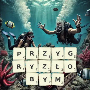 Kreatywna ilustracja do gry w Scrabble ze słowem PRZYGRYZŁOBYM ułożonym z płytek na planszy.