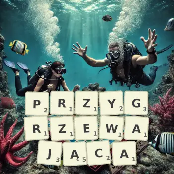 Kreatywna ilustracja do gry w Scrabble ze słowem PRZYGRZEWAJĄCA ułożonym z płytek na planszy.