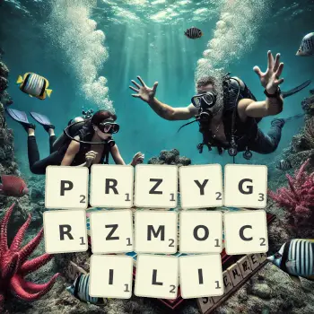 Kreatywna ilustracja do gry w Scrabble ze słowem PRZYGRZMOCILI ułożonym z płytek na planszy.