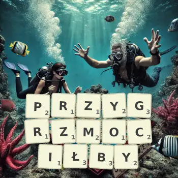 Kreatywna ilustracja do gry w Scrabble ze słowem PRZYGRZMOCIŁBY ułożonym z płytek na planszy.