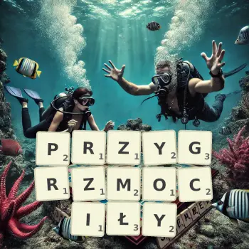 Kreatywna ilustracja do gry w Scrabble ze słowem PRZYGRZMOCIŁY ułożonym z płytek na planszy.