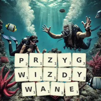 Kreatywna ilustracja do gry w Scrabble ze słowem PRZYGWIZDYWANE ułożonym z płytek na planszy.