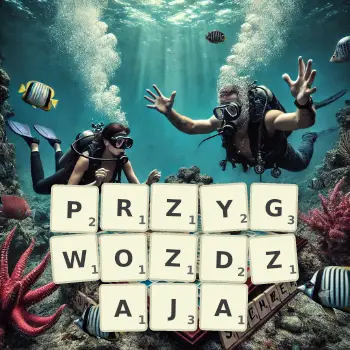 Kreatywna ilustracja do gry w Scrabble ze słowem PRZYGWOZDZAJA ułożonym z płytek na planszy.