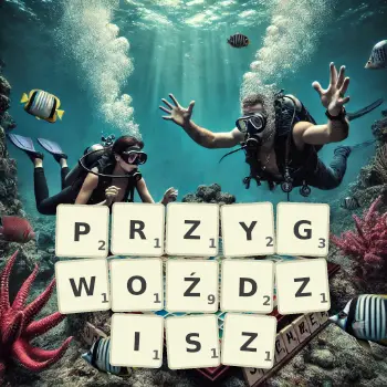 Kreatywna ilustracja do gry w Scrabble ze słowem PRZYGWOŹDZISZ ułożonym z płytek na planszy.
