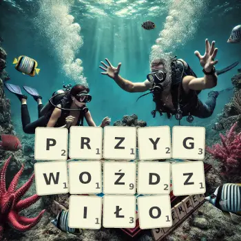 Kreatywna ilustracja do gry w Scrabble ze słowem PRZYGWOŹDZIŁO ułożonym z płytek na planszy.