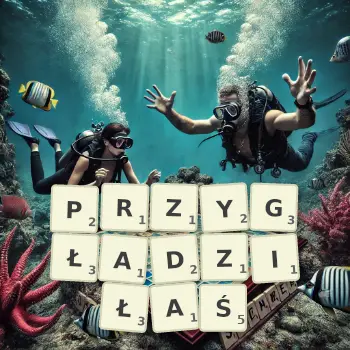 Kreatywna ilustracja do gry w Scrabble ze słowem PRZYGŁADZIŁAŚ ułożonym z płytek na planszy.