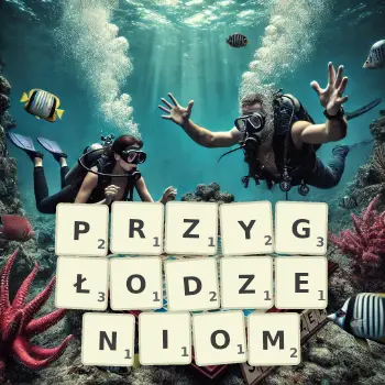 Kreatywna ilustracja do gry w Scrabble ze słowem PRZYGŁODZENIOM ułożonym z płytek na planszy.
