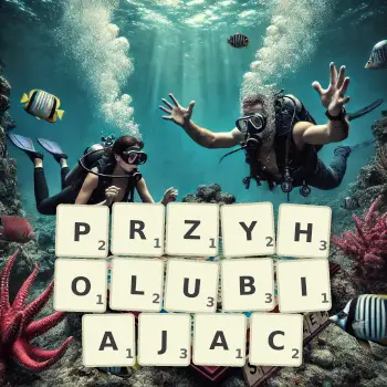 Kreatywna ilustracja do gry w Scrabble ze słowem PRZYHOLUBIAJAC ułożonym z płytek na planszy.
