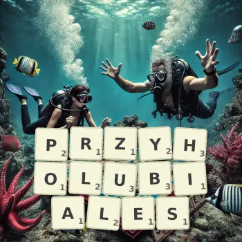 Kreatywna ilustracja do gry w Scrabble ze słowem PRZYHOLUBIALES ułożonym z płytek na planszy.