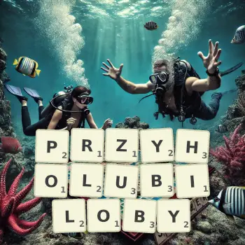 Kreatywna ilustracja do gry w Scrabble ze słowem PRZYHOLUBILOBY ułożonym z płytek na planszy.