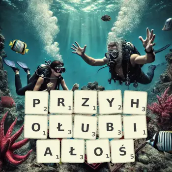 Kreatywna ilustracja do gry w Scrabble ze słowem PRZYHOŁUBIAŁOŚ ułożonym z płytek na planszy.