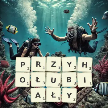 Kreatywna ilustracja do gry w Scrabble ze słowem PRZYHOŁUBIAŁY ułożonym z płytek na planszy.