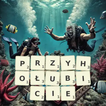 Kreatywna ilustracja do gry w Scrabble ze słowem PRZYHOŁUBICIE ułożonym z płytek na planszy.