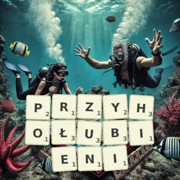 Kreatywna ilustracja do gry w Scrabble ze słowem PRZYHOŁUBIENI ułożonym z płytek na planszy.