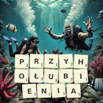 Kreatywna ilustracja do gry w Scrabble ze słowem PRZYHOŁUBIENIA ułożonym z płytek na planszy.