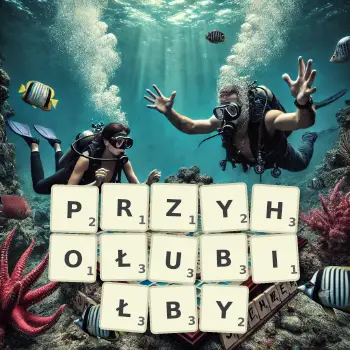 Kreatywna ilustracja do gry w Scrabble ze słowem PRZYHOŁUBIŁBY ułożonym z płytek na planszy.