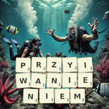 Kreatywna ilustracja do gry w Scrabble ze słowem PRZYIWANIENIEM ułożonym z płytek na planszy.