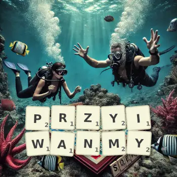 Kreatywna ilustracja do gry w Scrabble ze słowem PRZYIWANMY ułożonym z płytek na planszy.