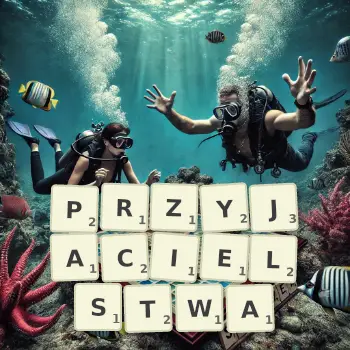 Kreatywna ilustracja do gry w Scrabble ze słowem PRZYJACIELSTWA ułożonym z płytek na planszy.