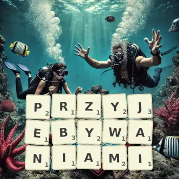 Kreatywna ilustracja do gry w Scrabble ze słowem PRZYJEBYWANIAMI ułożonym z płytek na planszy.