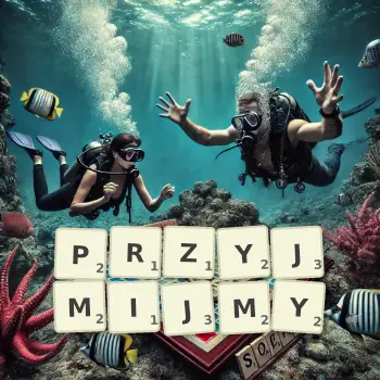 Kreatywna ilustracja do gry w Scrabble ze słowem PRZYJMIJMY ułożonym z płytek na planszy.