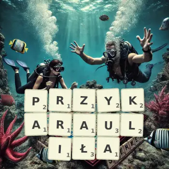 Kreatywna ilustracja do gry w Scrabble ze słowem PRZYKARAULIŁA ułożonym z płytek na planszy.