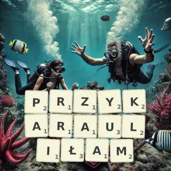 Kreatywna ilustracja do gry w Scrabble ze słowem PRZYKARAULIŁAM ułożonym z płytek na planszy.