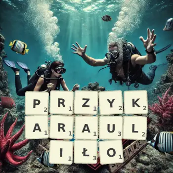 Kreatywna ilustracja do gry w Scrabble ze słowem PRZYKARAULIŁO ułożonym z płytek na planszy.