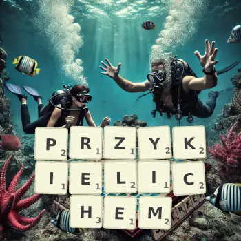 Kreatywna ilustracja do gry w Scrabble ze słowem PRZYKIELICHEM ułożonym z płytek na planszy.