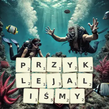 Kreatywna ilustracja do gry w Scrabble ze słowem PRZYKLEJALIŚMY ułożonym z płytek na planszy.