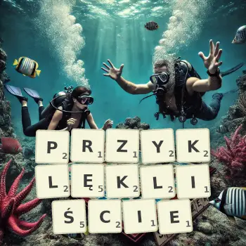Kreatywna ilustracja do gry w Scrabble ze słowem PRZYKLĘKLIŚCIE ułożonym z płytek na planszy.