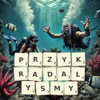 Kreatywna ilustracja do gry w Scrabble ze słowem PRZYKRADALYSMY ułożonym z płytek na planszy.