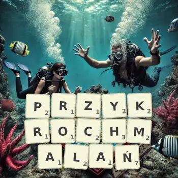 Kreatywna ilustracja do gry w Scrabble ze słowem PRZYKROCHMALAŃ ułożonym z płytek na planszy.