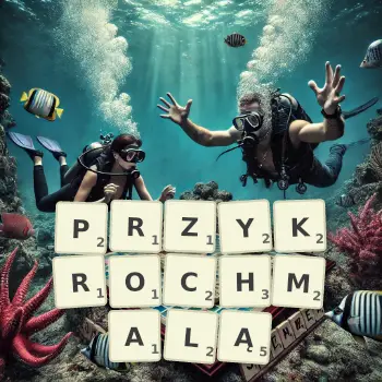 Kreatywna ilustracja do gry w Scrabble ze słowem PRZYKROCHMALĄ ułożonym z płytek na planszy.