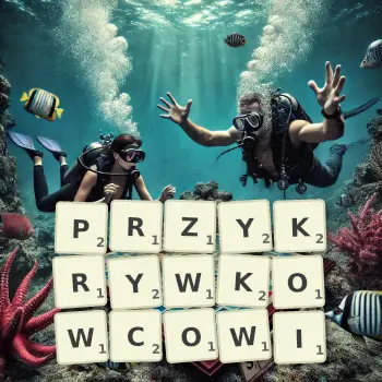 Kreatywna ilustracja do gry w Scrabble ze słowem PRZYKRYWKOWCOWI ułożonym z płytek na planszy.