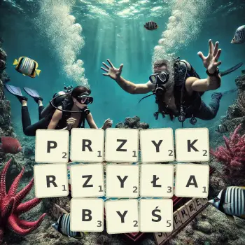 Kreatywna ilustracja do gry w Scrabble ze słowem PRZYKRZYŁABYŚ ułożonym z płytek na planszy.