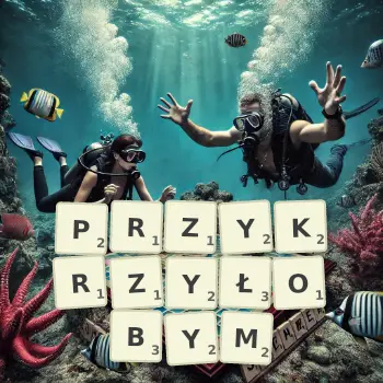 Kreatywna ilustracja do gry w Scrabble ze słowem PRZYKRZYŁOBYM ułożonym z płytek na planszy.