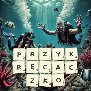 Kreatywna ilustracja do gry w Scrabble ze słowem PRZYKRĘCACZKO ułożonym z płytek na planszy.