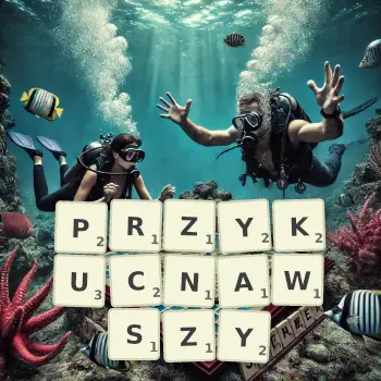 Kreatywna ilustracja do gry w Scrabble ze słowem PRZYKUCNAWSZY ułożonym z płytek na planszy.