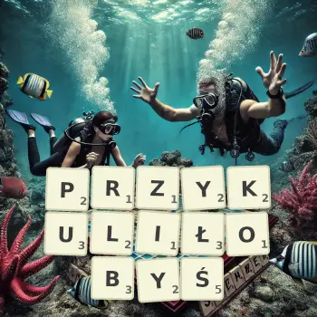 Kreatywna ilustracja do gry w Scrabble ze słowem PRZYKULIŁOBYŚ ułożonym z płytek na planszy.