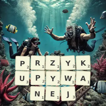 Kreatywna ilustracja do gry w Scrabble ze słowem PRZYKUPYWANEJ ułożonym z płytek na planszy.