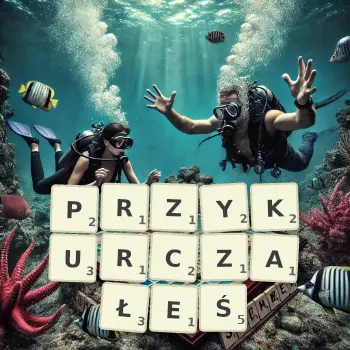Kreatywna ilustracja do gry w Scrabble ze słowem PRZYKURCZAŁEŚ ułożonym z płytek na planszy.