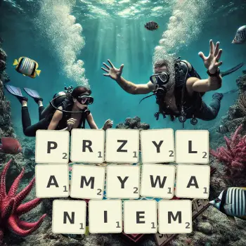 Kreatywna ilustracja do gry w Scrabble ze słowem PRZYLAMYWANIEM ułożonym z płytek na planszy.