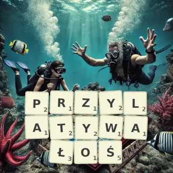 Kreatywna ilustracja do gry w Scrabble ze słowem PRZYLATYWAŁOŚ ułożonym z płytek na planszy.