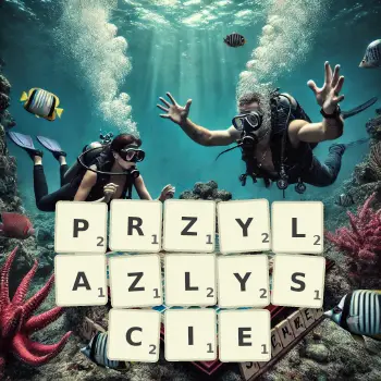 Kreatywna ilustracja do gry w Scrabble ze słowem PRZYLAZLYSCIE ułożonym z płytek na planszy.