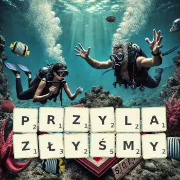 Kreatywna ilustracja do gry w Scrabble ze słowem PRZYLAZŁYŚMY ułożonym z płytek na planszy.
